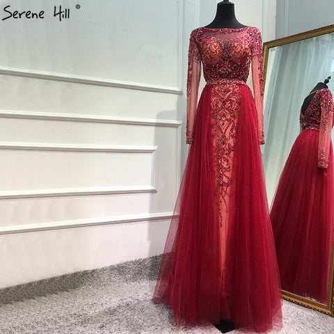 En oferta, sin devoluciones ni reembolsos. Vestido de noche rojo vino con cristales y diamantes, manga larga, LA6641