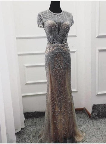 Vestidos de noche sexys de lujo sin mangas con escote redondo y diamantes, diseño de Dubái LA60742