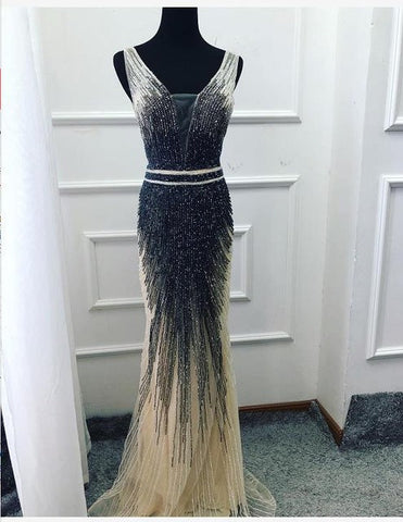 Vestidos de noche de lujo sin mangas con escote en V, diseño de Dubái, con cuentas LA60743