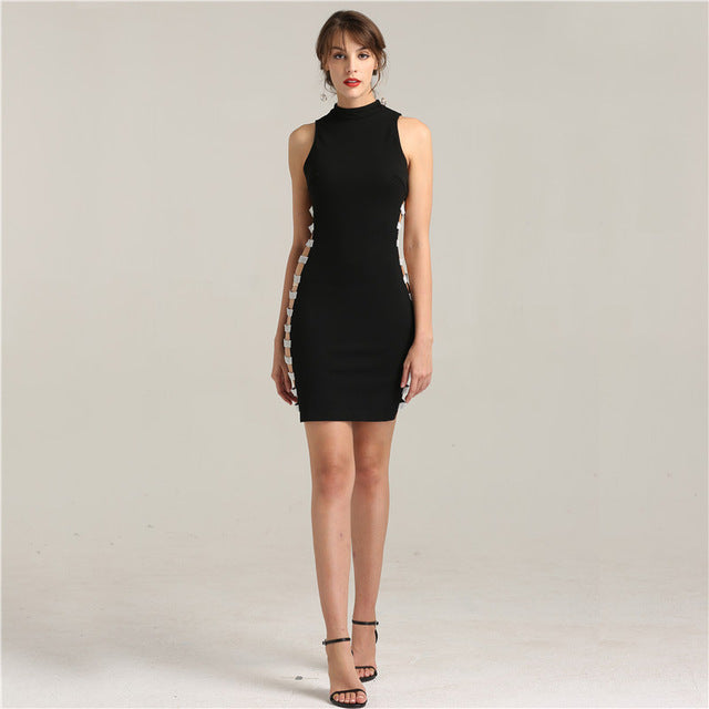 On Sale No Return No Refund Sale Diamond CUT-OUT Black Simple Evening Gowns Crystal Sleeveless Evening Party Dresses LA6240