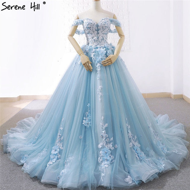Off Shoulder Handmade Flowers Wedding Dresses Sleeveless Crystal High-end Bridal Gowns HM66706