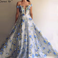 On Sale No Return No  Refund Romantic Blue Flowers Evening Dresses Off Shoulder Beach Fromal Evening Gowns LA6660
