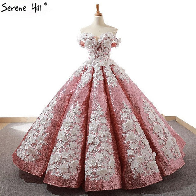 Red Bean Handmade Flowers Pearls Wedding Dress Luxury Off Shoulder Bridal Gown