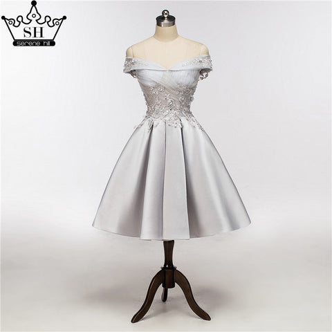 Vestido de noche corto sin mangas con cuello de una sola palabra, encaje y perlas HA2079