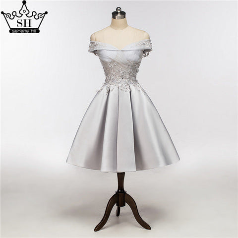 Vestido de noche corto sin mangas con cuello de una sola palabra, encaje y perlas HA2079