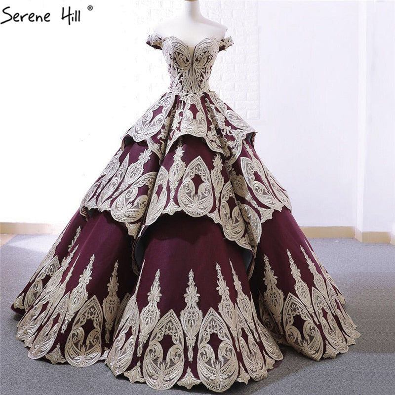 Purple Cake Tiered Princess Bridal Wedding Gowns Off Shoulder Handmade Flowers Wedding Dresses