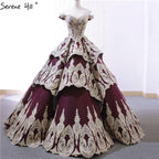 Purple Cake Tiered Princess Bridal Wedding Gowns Off Shoulder Handmade Flowers Wedding Dresses