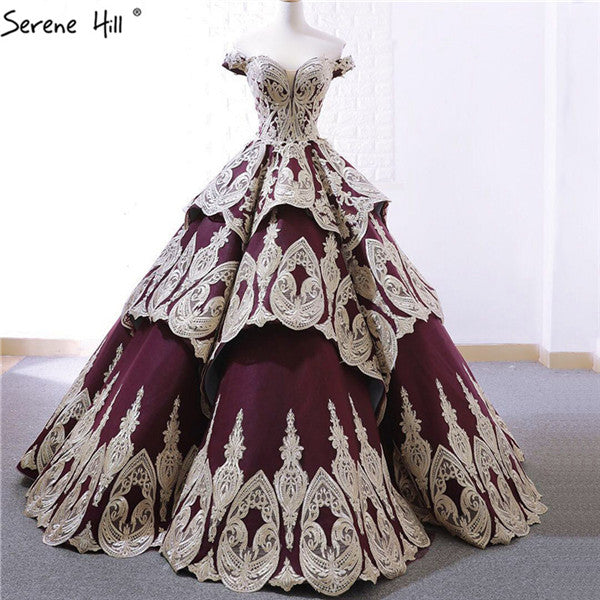 Purple Cake Tiered Princess Bridal Wedding Gowns Off Shoulder Handmade Flowers Wedding Dresses