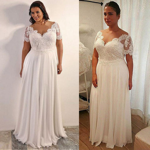Vestido de novia Baoleely de gasa, corte en A, talla grande, con apliques de encaje con cuentas, mangas cortas y espalda con cordones (talla 28W).