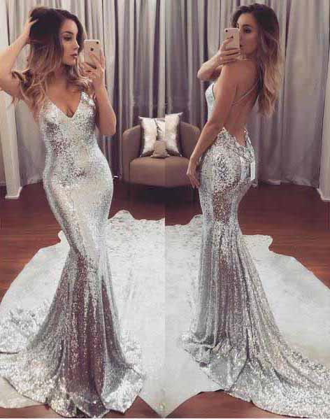 Vestido largo de noche con lentejuelas plateadas, escote sirena en V y espalda descubierta, estilo sirena.