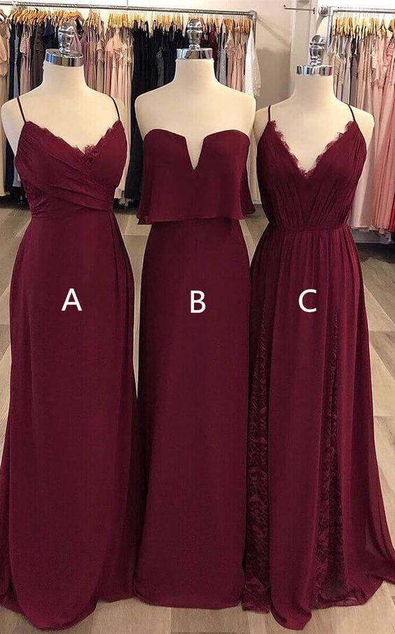 Vestidos de dama de honor de gasa burdeos sin mangas