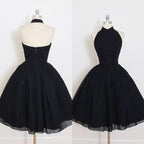Black Halter A Line Sleeveless Tulle Ball Gown Mid Homecoming Dresses