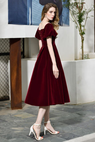 Puff Sleeve Ankle Length  Velvet Daily Casual Dress Deep V-Neck Vintage Party Dress