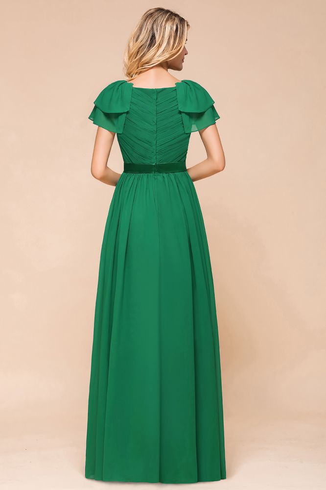 Vestido de dama de honor largo hasta el suelo con mangas abullonadas, vestido de invitada de boda corte A