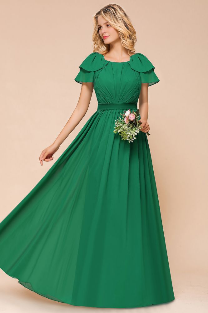 Vestido de dama de honor largo hasta el suelo con mangas abullonadas, vestido de invitada de boda corte A