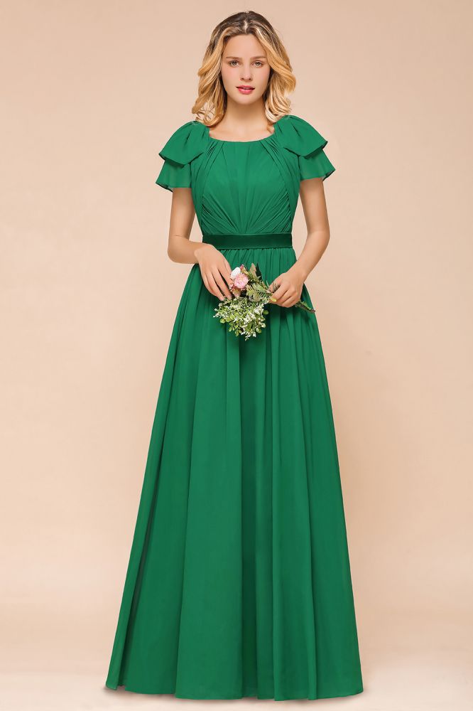 Vestido de dama de honor largo hasta el suelo con mangas abullonadas, vestido de invitada de boda corte A