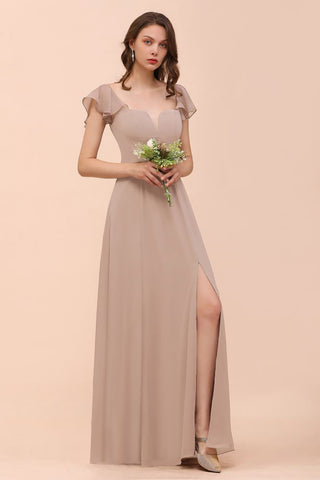 Puff Sleeve Khaki Bridesmaid Dress Side Spolit Maid of honor dress