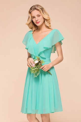 Puffy Knee Length Bridesmaid Dress Chiffon V-Neck Casual Short Dress