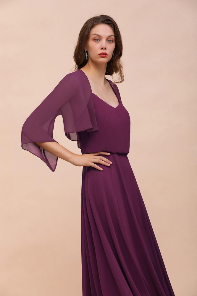 Vestido de dama de honor morado con tirantes finos cruzados, largo hasta el suelo, estilo casual