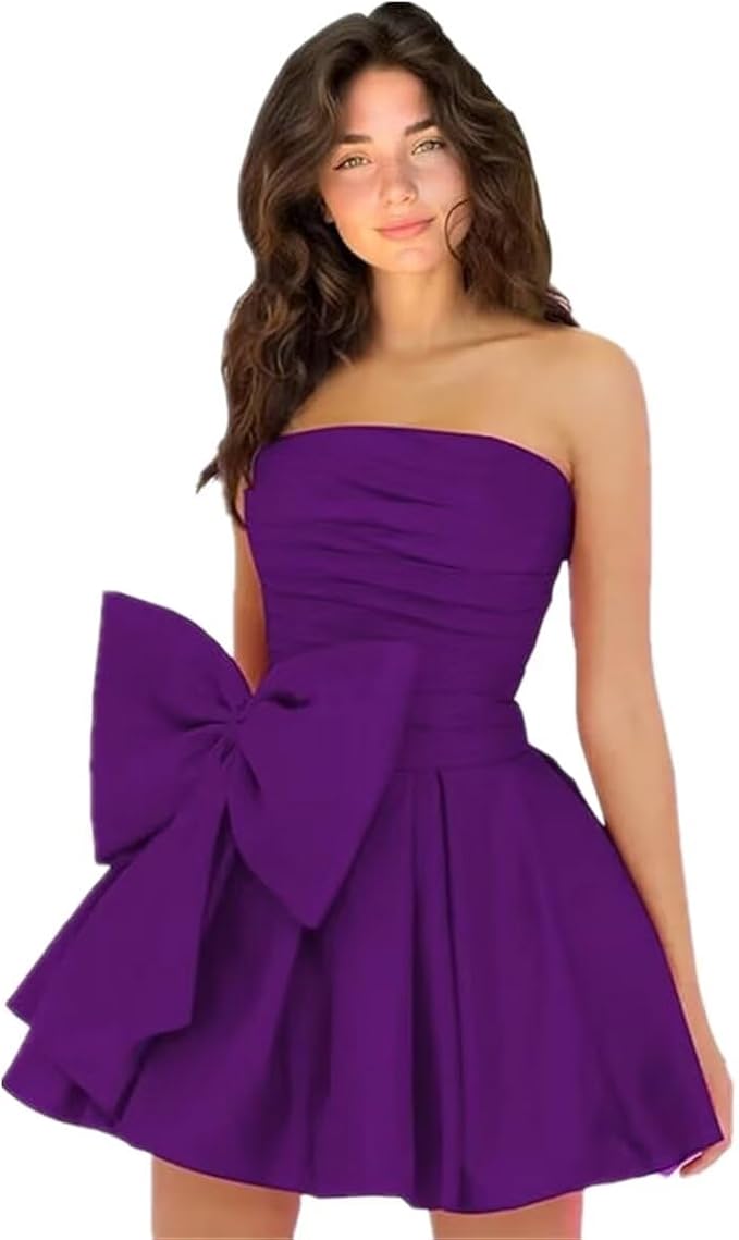 Robes de soirée courtes et chics pour le bal de promo, coupe trapèze, sans manches, bustier, froncées, lacées et ornées d'un nœud.