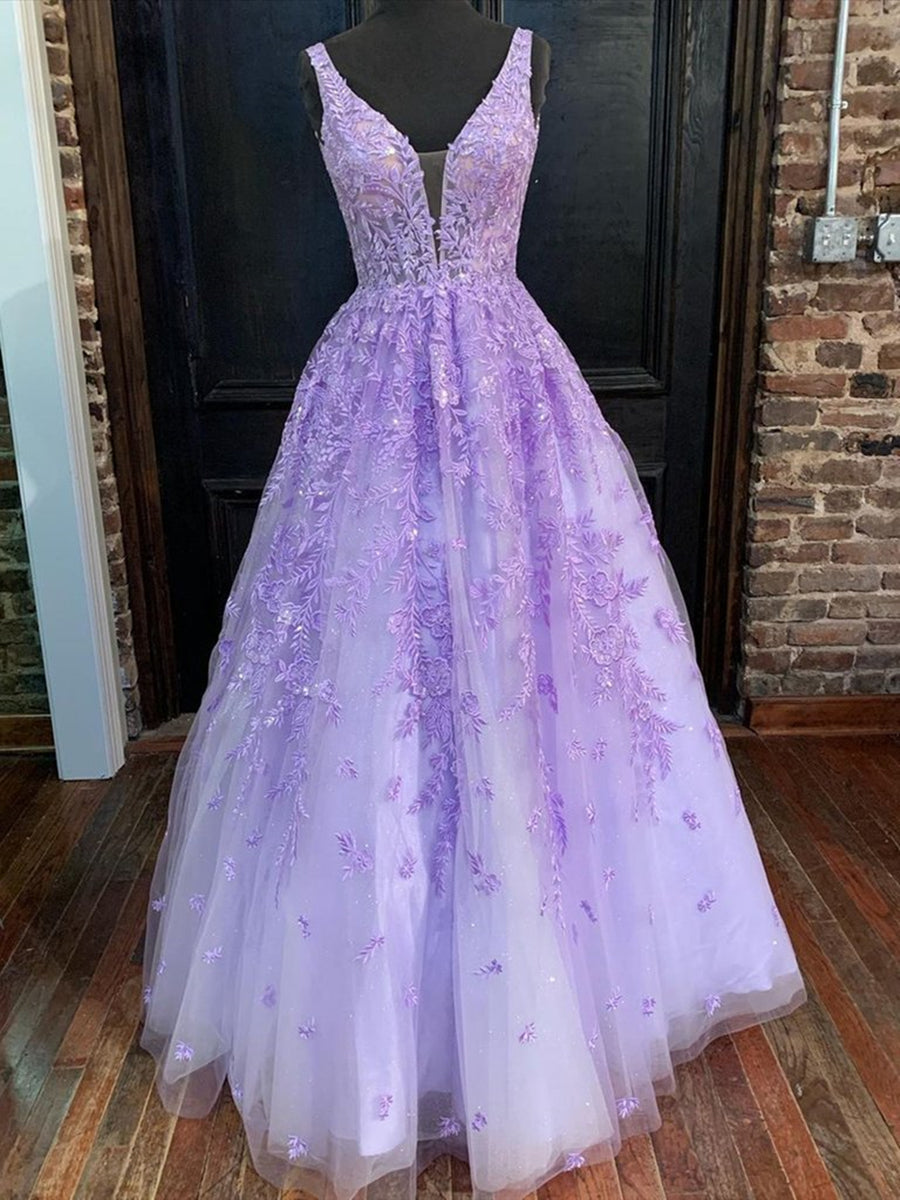 Vestidos de noche formales de graduación, corte A, escote en V, tul y encaje, color morado.