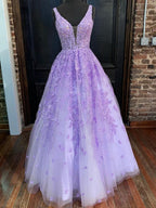 Vestidos de noche formales de graduación, corte A, escote en V, tul y encaje, color morado.