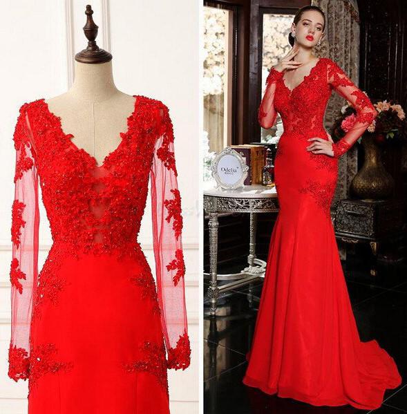 Preciosos vestidos de fiesta de sirena de satén rojo con escote en V, mangas largas y apliques. 