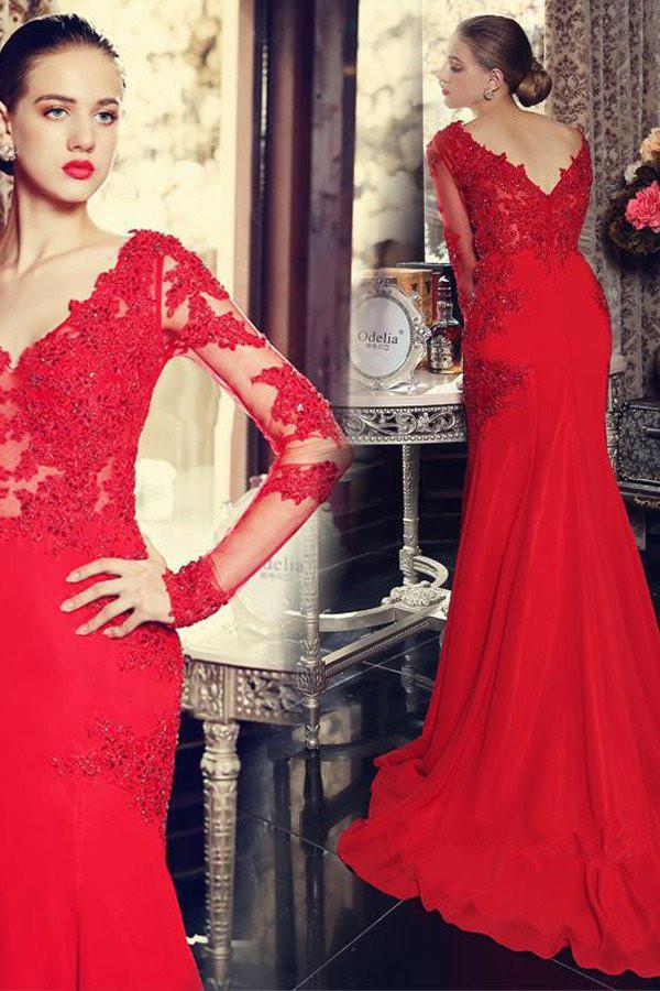 Preciosos vestidos de fiesta de sirena de satén rojo con escote en V, mangas largas y apliques. 