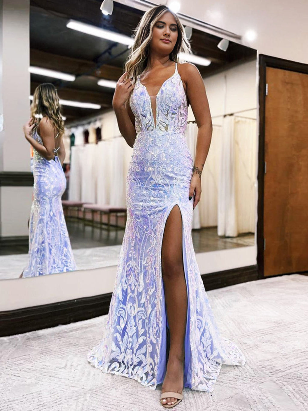 Raddix | Vestidos largos de fiesta de sirena con escote en V profundo, lentejuelas azules y encaje con abertura
