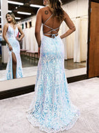 Raddix | Vestidos largos de fiesta de sirena con escote en V profundo, lentejuelas azules y encaje con abertura
