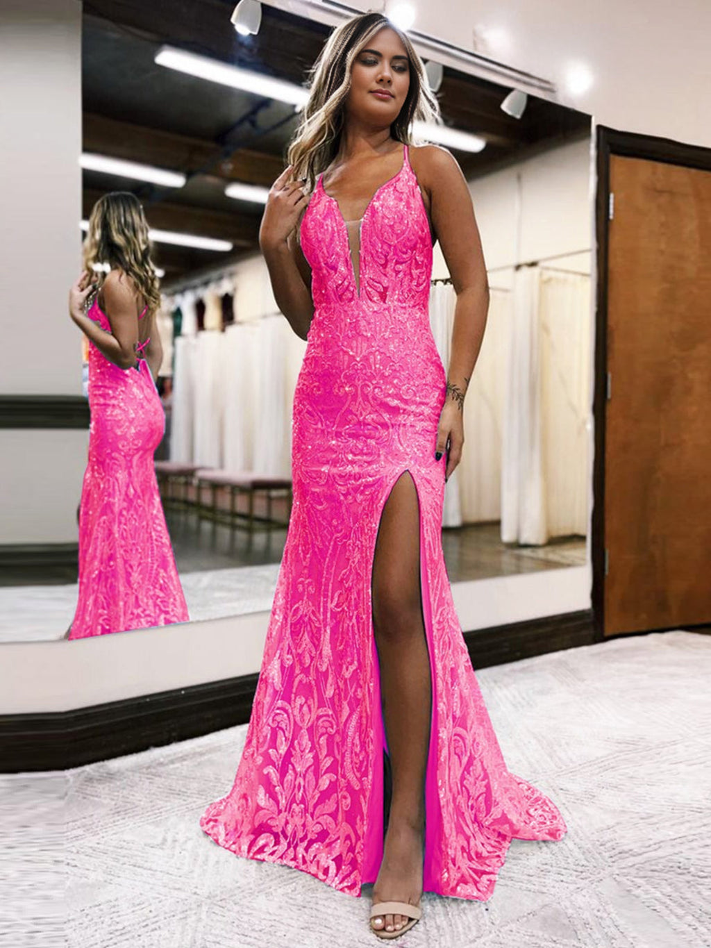 Raddix | Vestidos largos de fiesta de sirena con escote en V profundo, lentejuelas azules y encaje con abertura