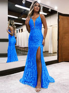 Raddix | Vestidos largos de fiesta de sirena con escote en V profundo, lentejuelas azules y encaje con abertura