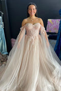 Ralap | Vestido de gala rosa rubor con encaje floral 3D y hombros descubiertos