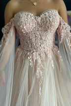 Ralap | Vestido de gala rosa rubor con encaje floral 3D y hombros descubiertos