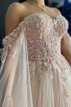 Ralap | Vestido de gala rosa rubor con encaje floral 3D y hombros descubiertos