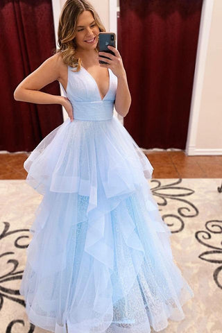 Rebekah Chic Light Blue V-Neck Puffy Princess Tulle Formal Dresses