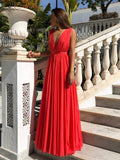 Robe de bal longue rouge trapèze à col en V et dos nu en mousseline, en mousseline.