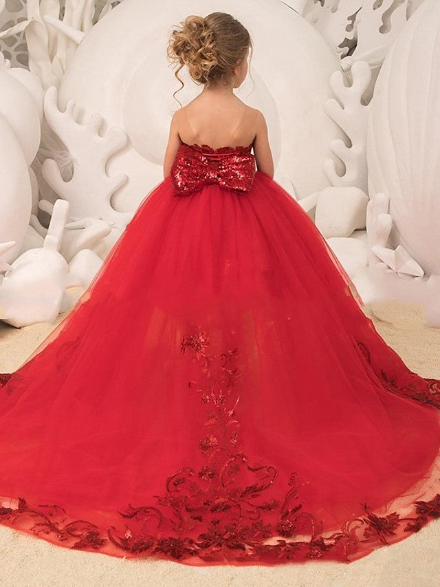 Vestido de gala rojo con cola de cepillo para boda, vestido de niña de las flores para fiesta nupcial