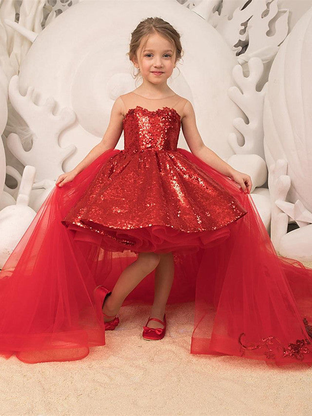 Vestido de gala rojo con cola de cepillo para boda, vestido de niña de las flores para fiesta nupcial