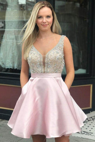 Red Beaded Satin Homecoming Dresses with Pocket Short Prom Dresses PD290