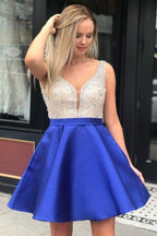 Robe de bal courte en satin rouge perlé avec poche PD290