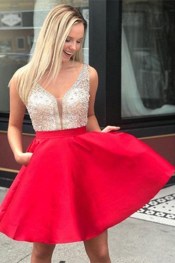 Robe de bal courte en satin rouge perlé avec poche PD290