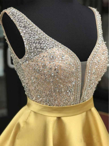 Red Beaded Satin Homecoming Dresses with Pocket Short Prom Dresses PD290