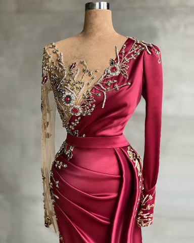Red evening dress floor-length prom dresses with sleeves