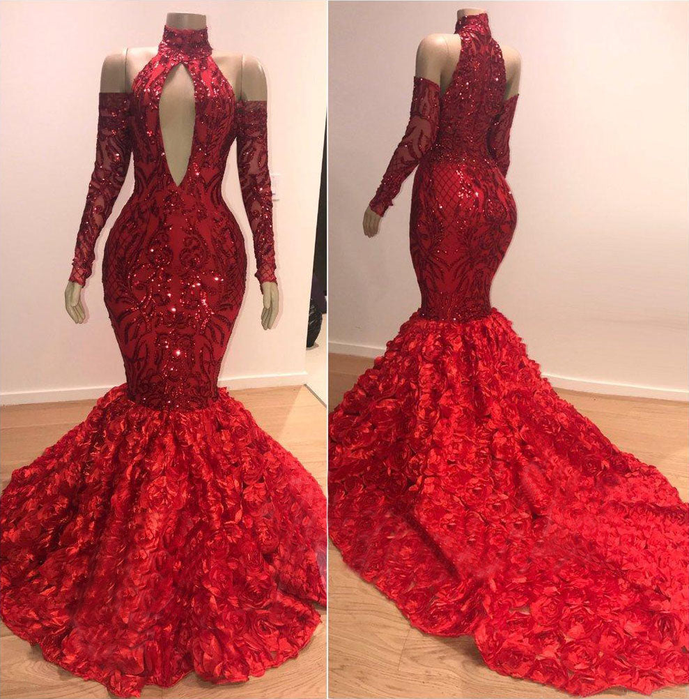 Robe de bal sirène rouge à fleurs, col montant et manches longues