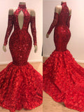 Robe de bal sirène rouge à fleurs, col montant et manches longues