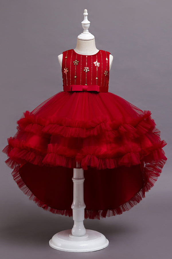Vestidos de niña de las flores rojos con cinturón asimétrico y volantes de tul