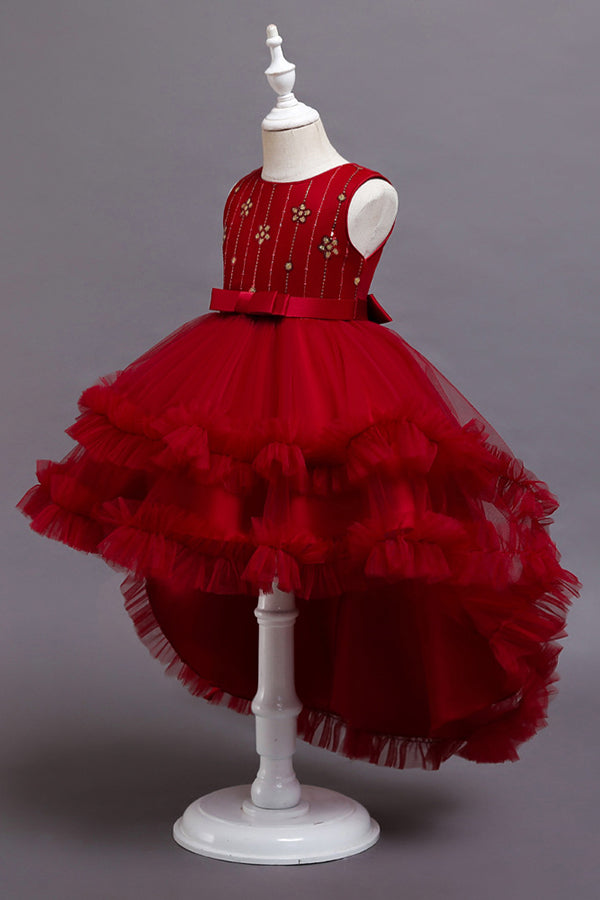 Vestidos de niña de las flores rojos con cinturón asimétrico y volantes de tul