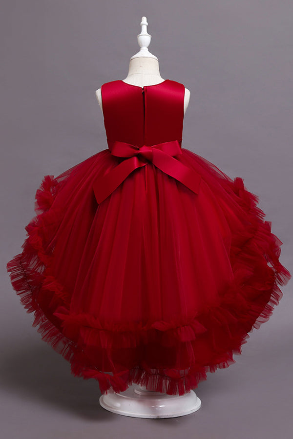 Vestidos de niña de las flores rojos con cinturón asimétrico y volantes de tul