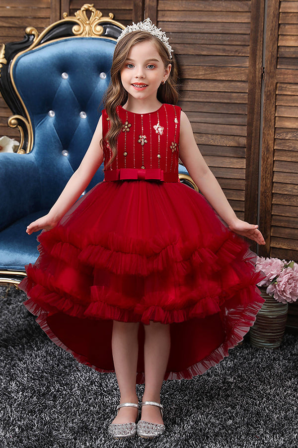 Vestidos de niña de las flores rojos con cinturón asimétrico y volantes de tul
